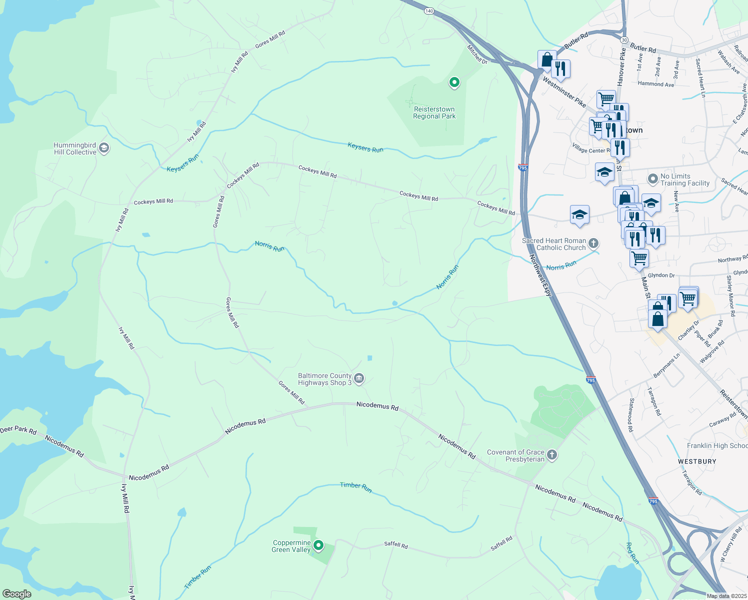 map of restaurants, bars, coffee shops, grocery stores, and more near 66 Benson Lane in Reisterstown