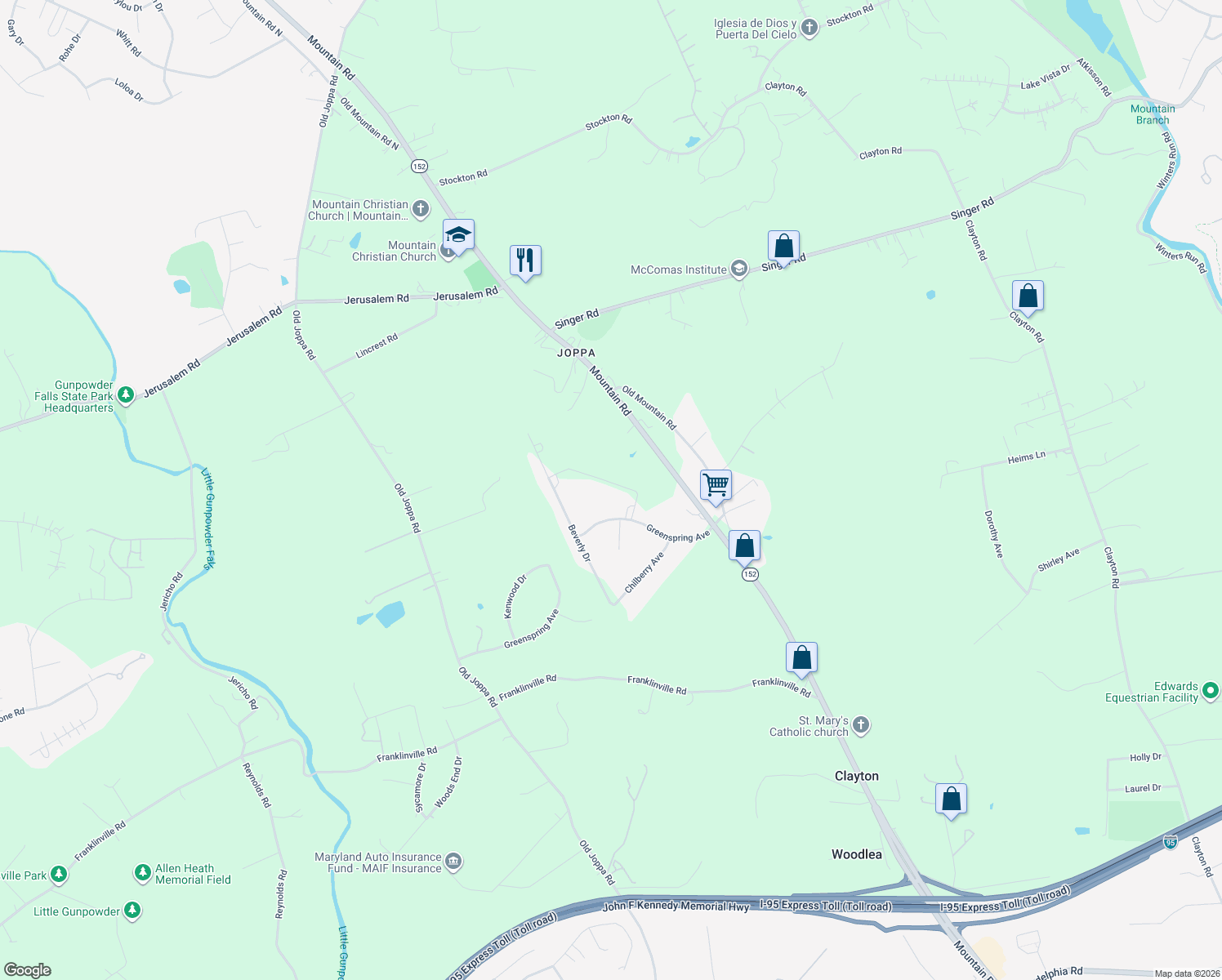 map of restaurants, bars, coffee shops, grocery stores, and more near 2408 Romney Road in Harford County