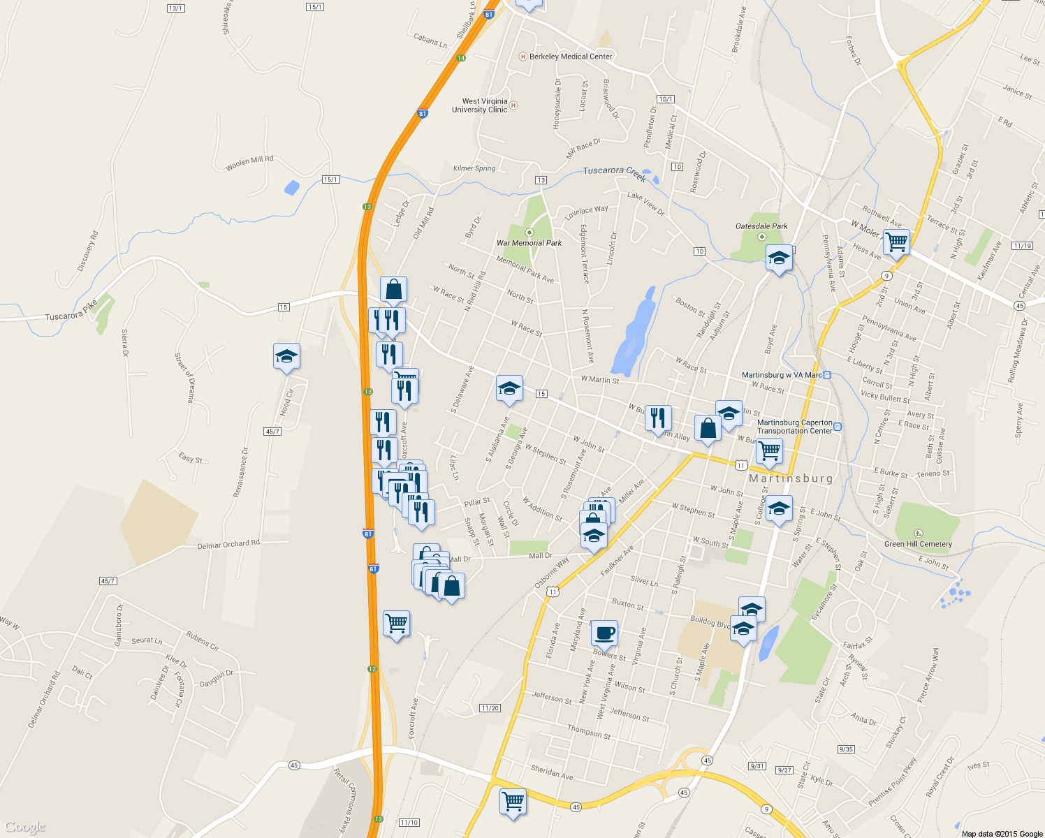 map of restaurants, bars, coffee shops, grocery stores, and more near 301 South Georgia Avenue in Martinsburg