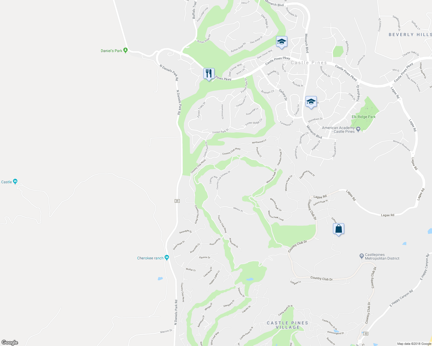 map of restaurants, bars, coffee shops, grocery stores, and more near 1074 Cypress Way in Castle Rock