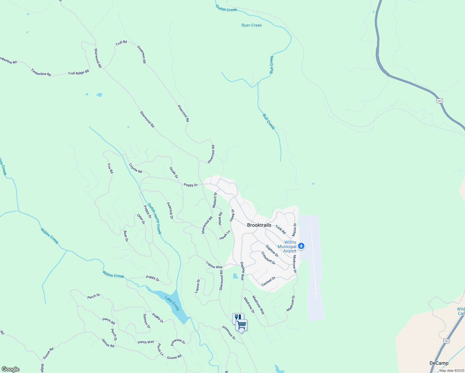 map of restaurants, bars, coffee shops, grocery stores, and more near 27009 Hawk Court in Willits
