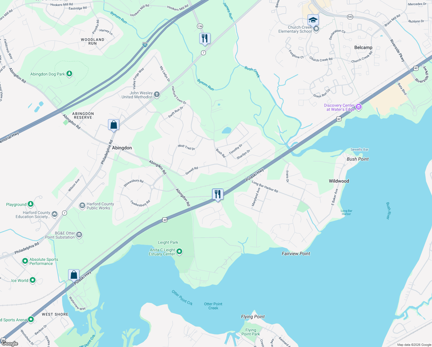 map of restaurants, bars, coffee shops, grocery stores, and more near 3721 Sewell Road in Abingdon