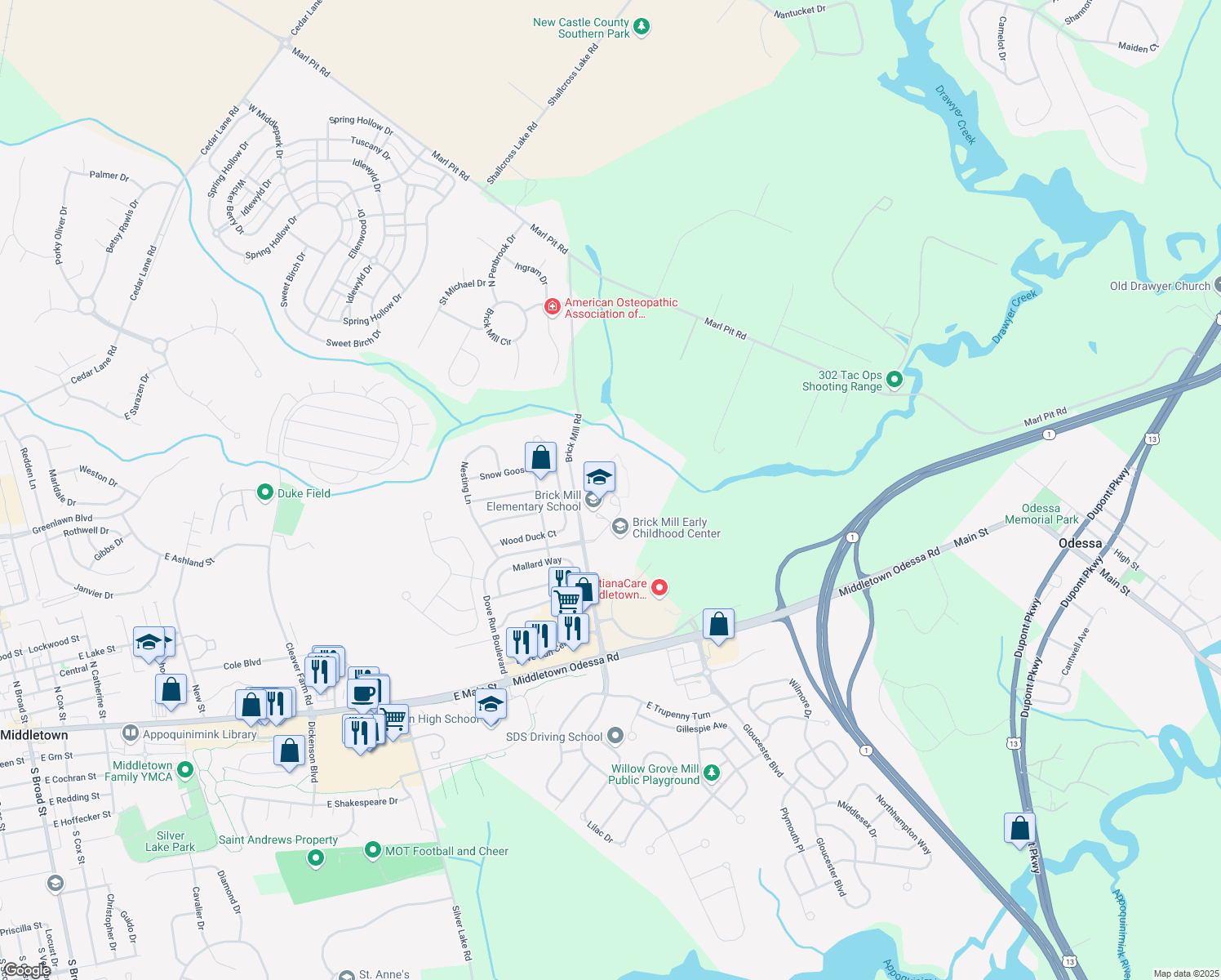 map of restaurants, bars, coffee shops, grocery stores, and more near 378 Brick Mill Road in Middletown