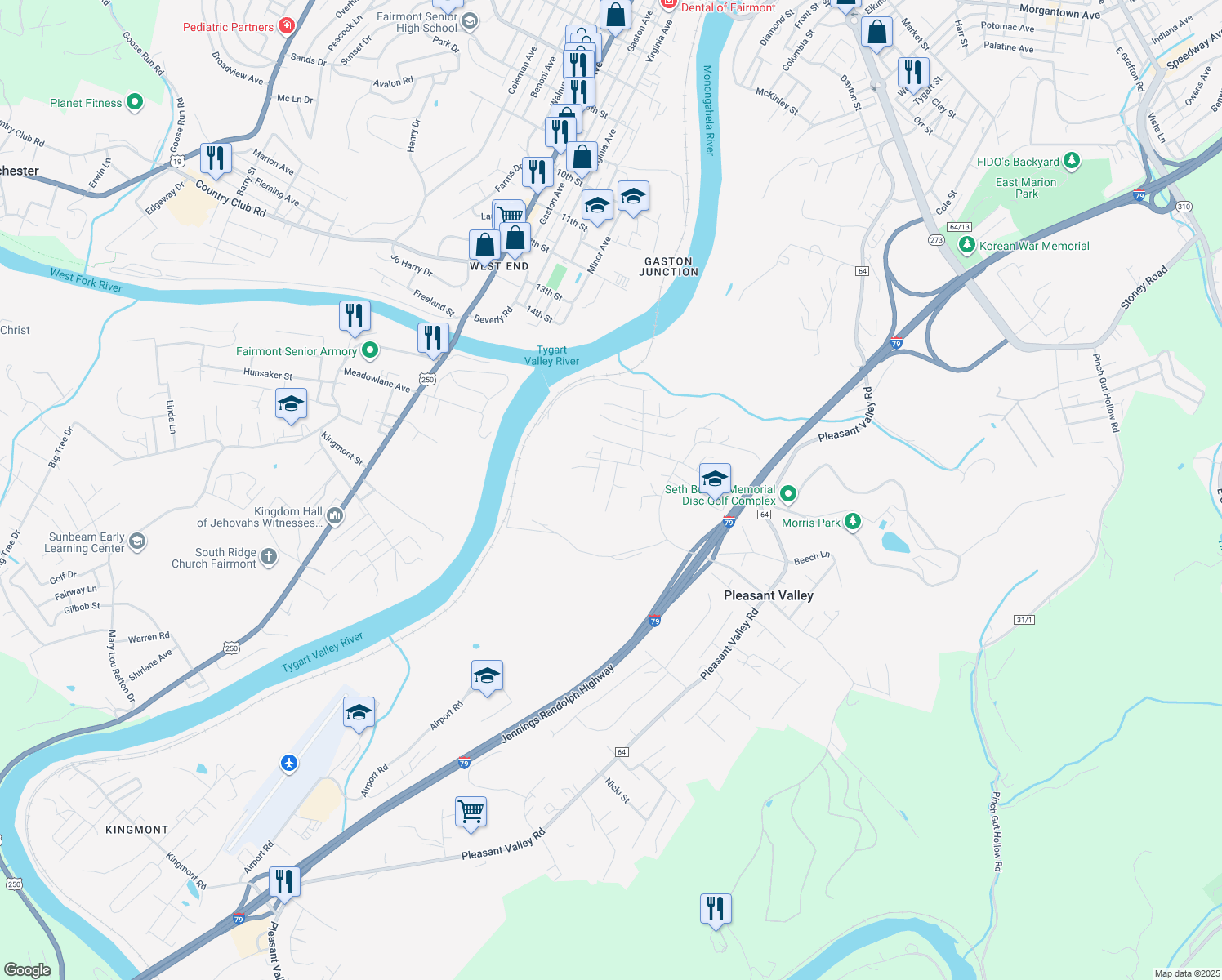 map of restaurants, bars, coffee shops, grocery stores, and more near Swisher St in Pleasant Valley