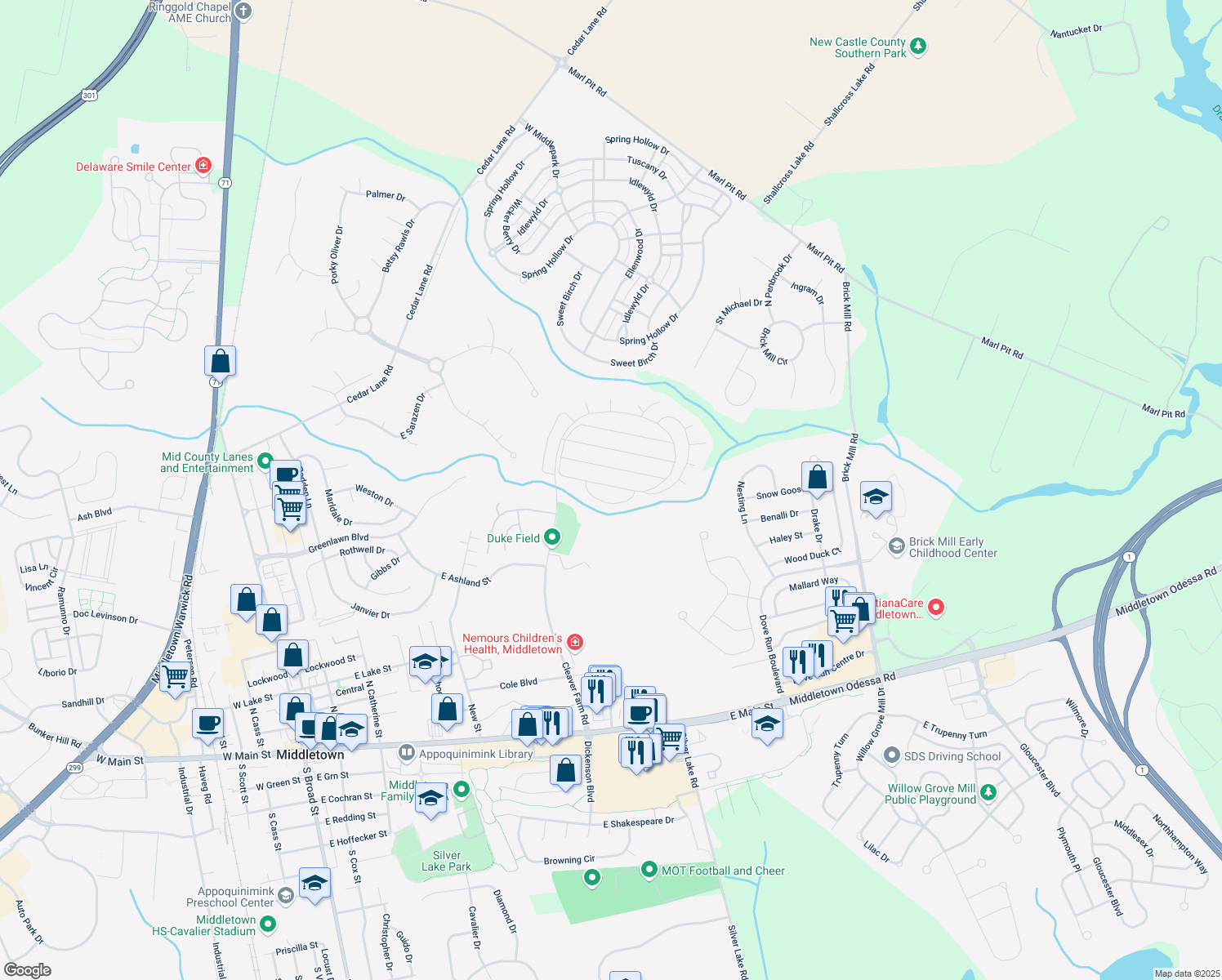 map of restaurants, bars, coffee shops, grocery stores, and more near 336 Hostetter Boulevard in Middletown