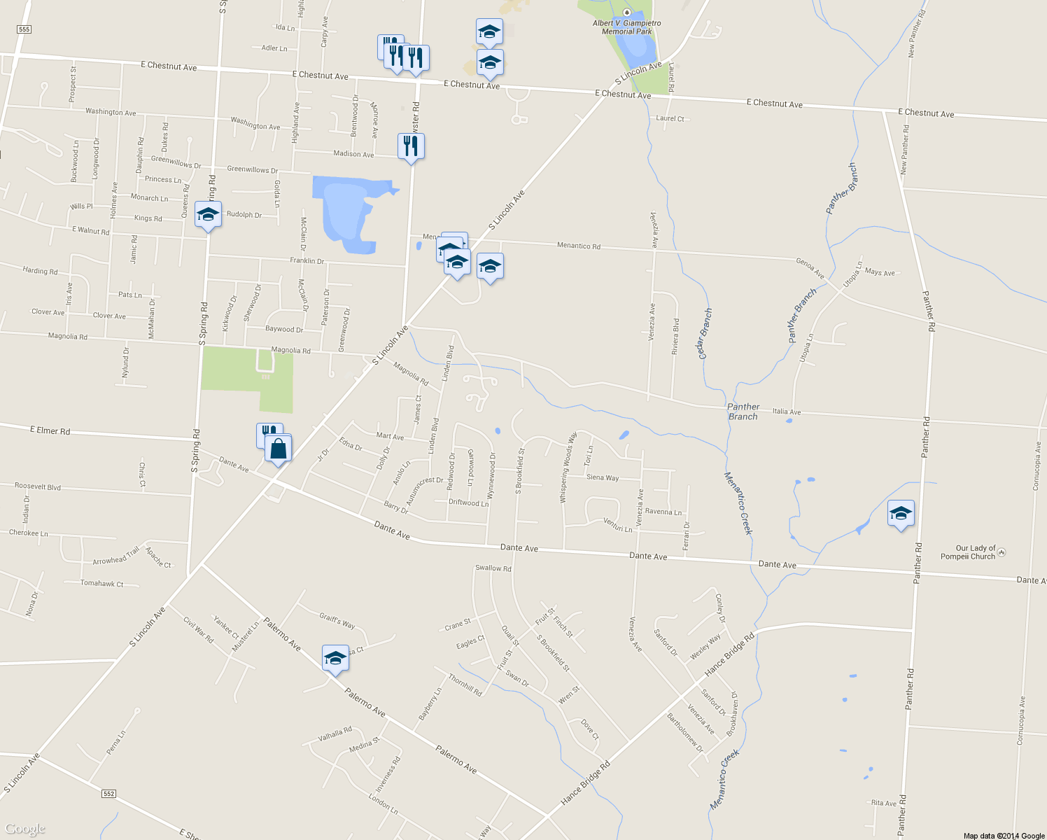 map of restaurants, bars, coffee shops, grocery stores, and more near 1535 Bear Branch Ct in Vineland