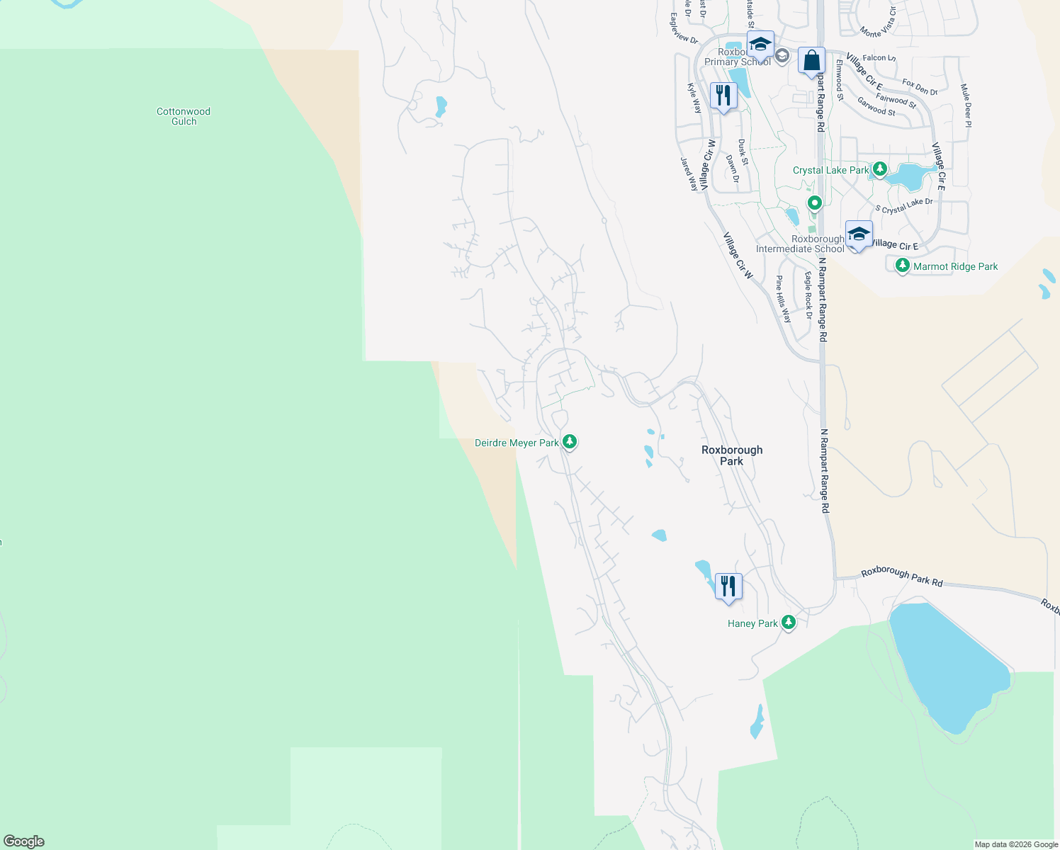 map of restaurants, bars, coffee shops, grocery stores, and more near 10907 Roxborough Drive in Littleton