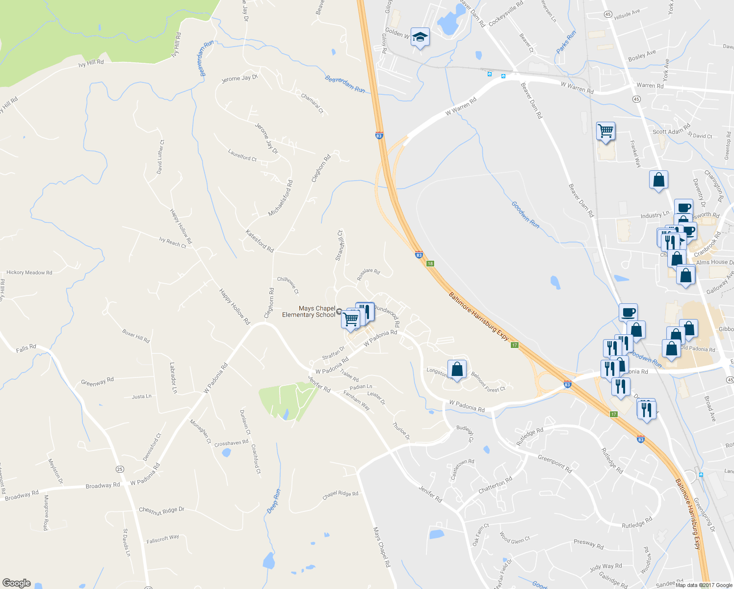 map of restaurants, bars, coffee shops, grocery stores, and more near 10 Fern Court in Lutherville-Timonium