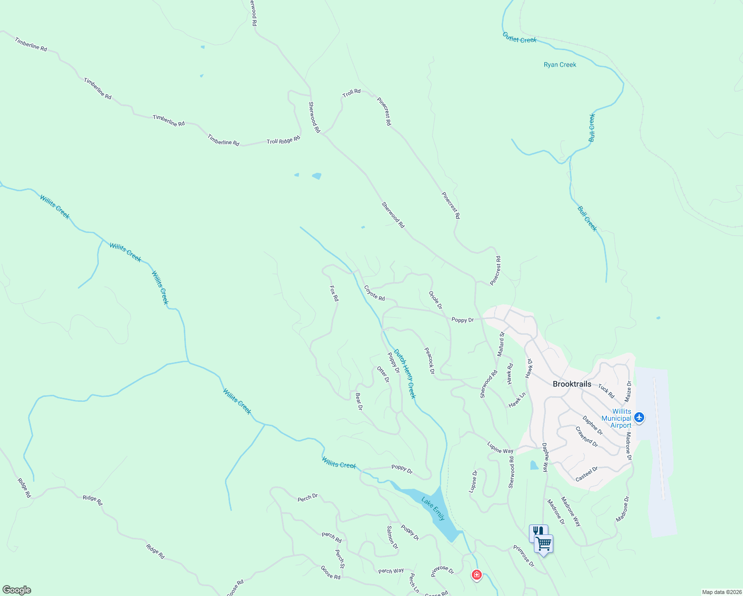 map of restaurants, bars, coffee shops, grocery stores, and more near 2581 Coyote Road in Willits