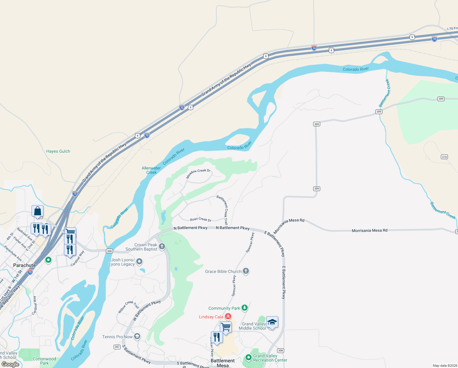 map of restaurants, bars, coffee shops, grocery stores, and more near 143 Boulder Ridge Drive in Battlement Mesa