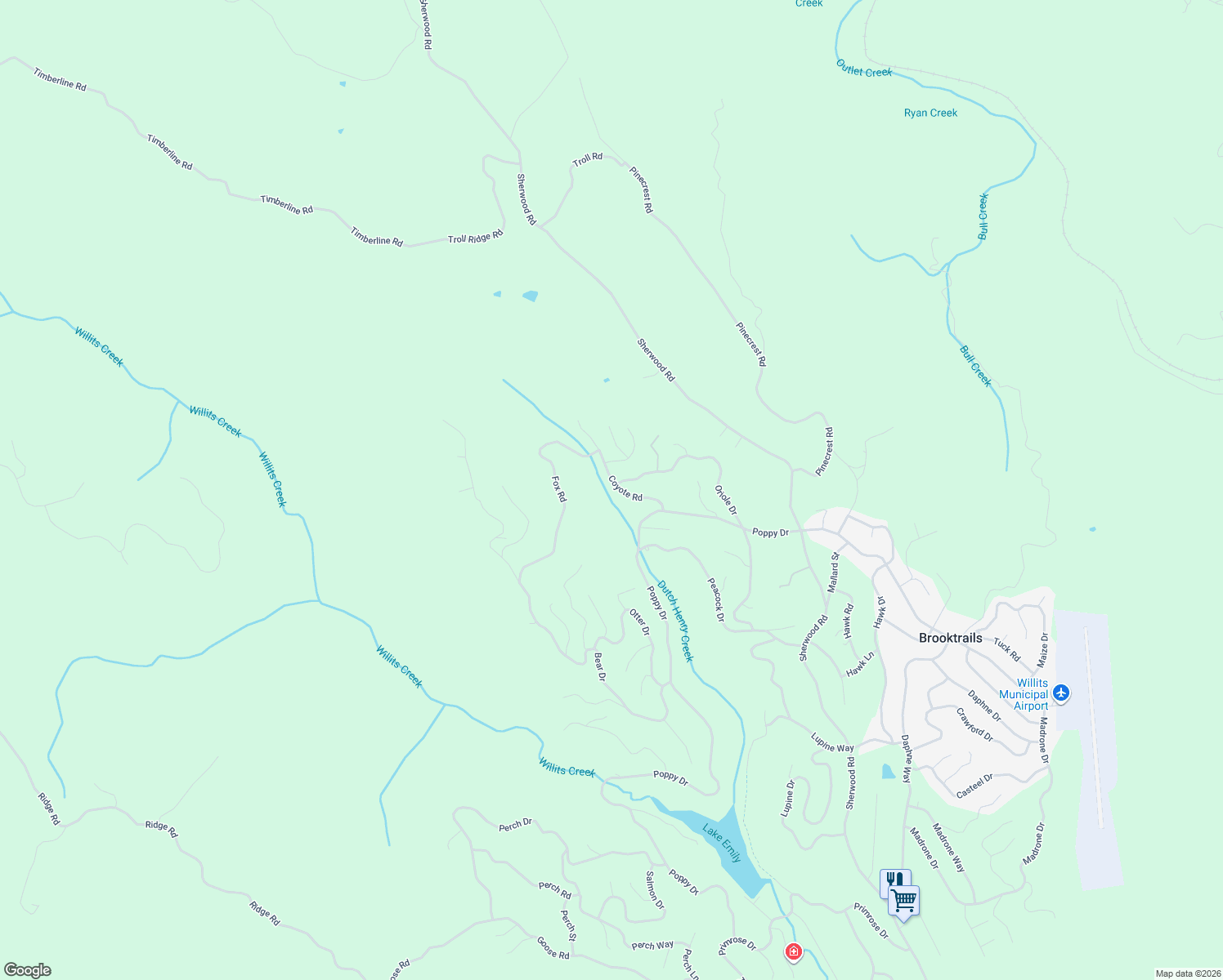 map of restaurants, bars, coffee shops, grocery stores, and more near 2581 Coyote Rd in Willits