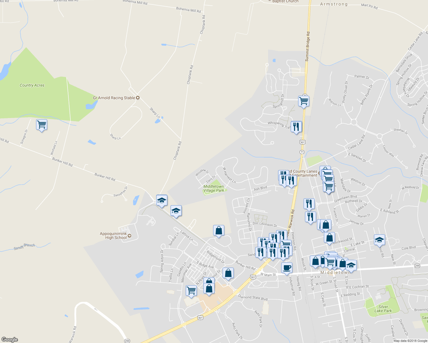 map of restaurants, bars, coffee shops, grocery stores, and more near 446 West Harvest Lane in Middletown