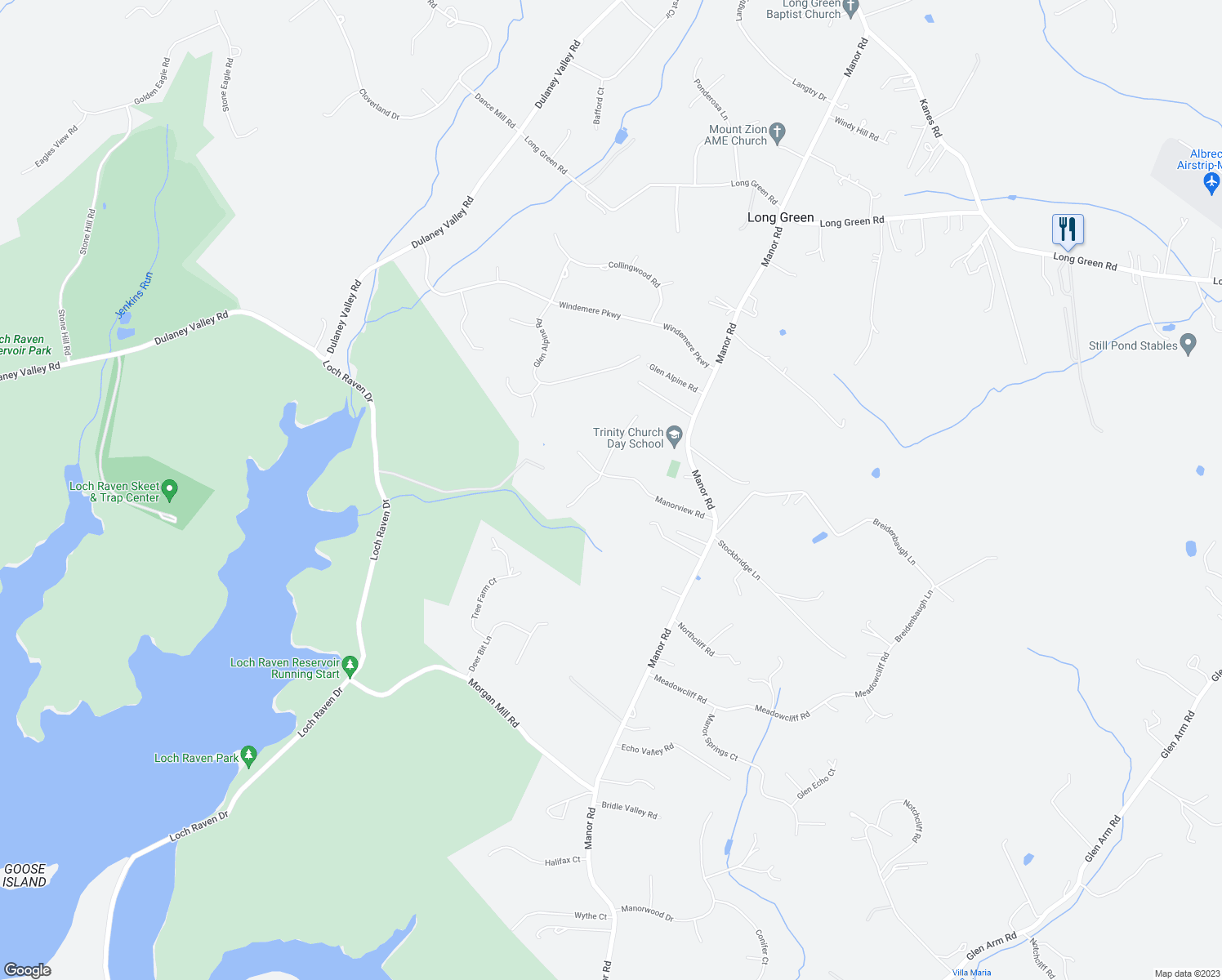 map of restaurants, bars, coffee shops, grocery stores, and more near 4205 Manorview Road in Glen Arm