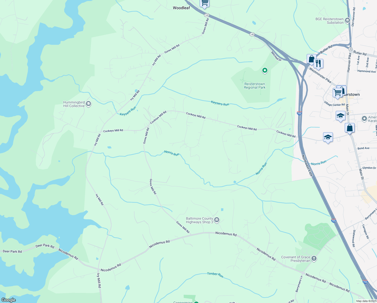 map of restaurants, bars, coffee shops, grocery stores, and more near 27 Franklin Valley Circle in Reisterstown