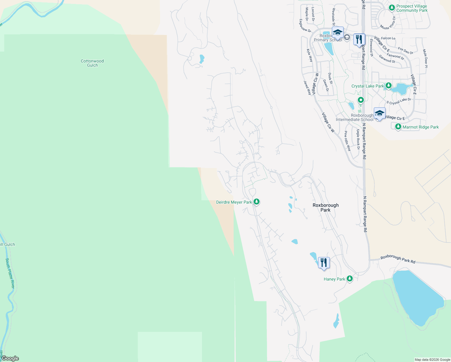map of restaurants, bars, coffee shops, grocery stores, and more near 6922 North Fargo Trail in Littleton