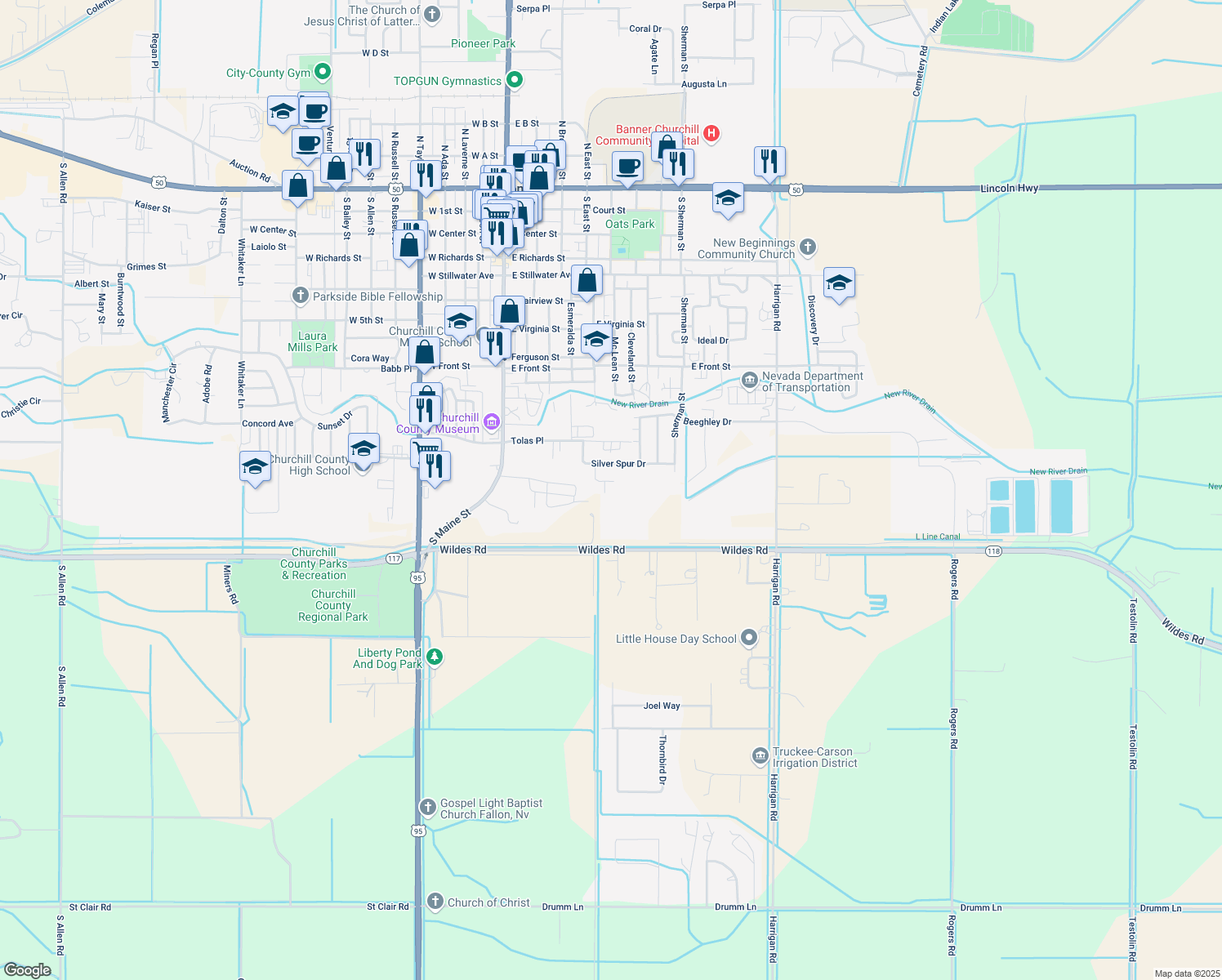 map of restaurants, bars, coffee shops, grocery stores, and more near 1523 Cloverdale Way in Fallon