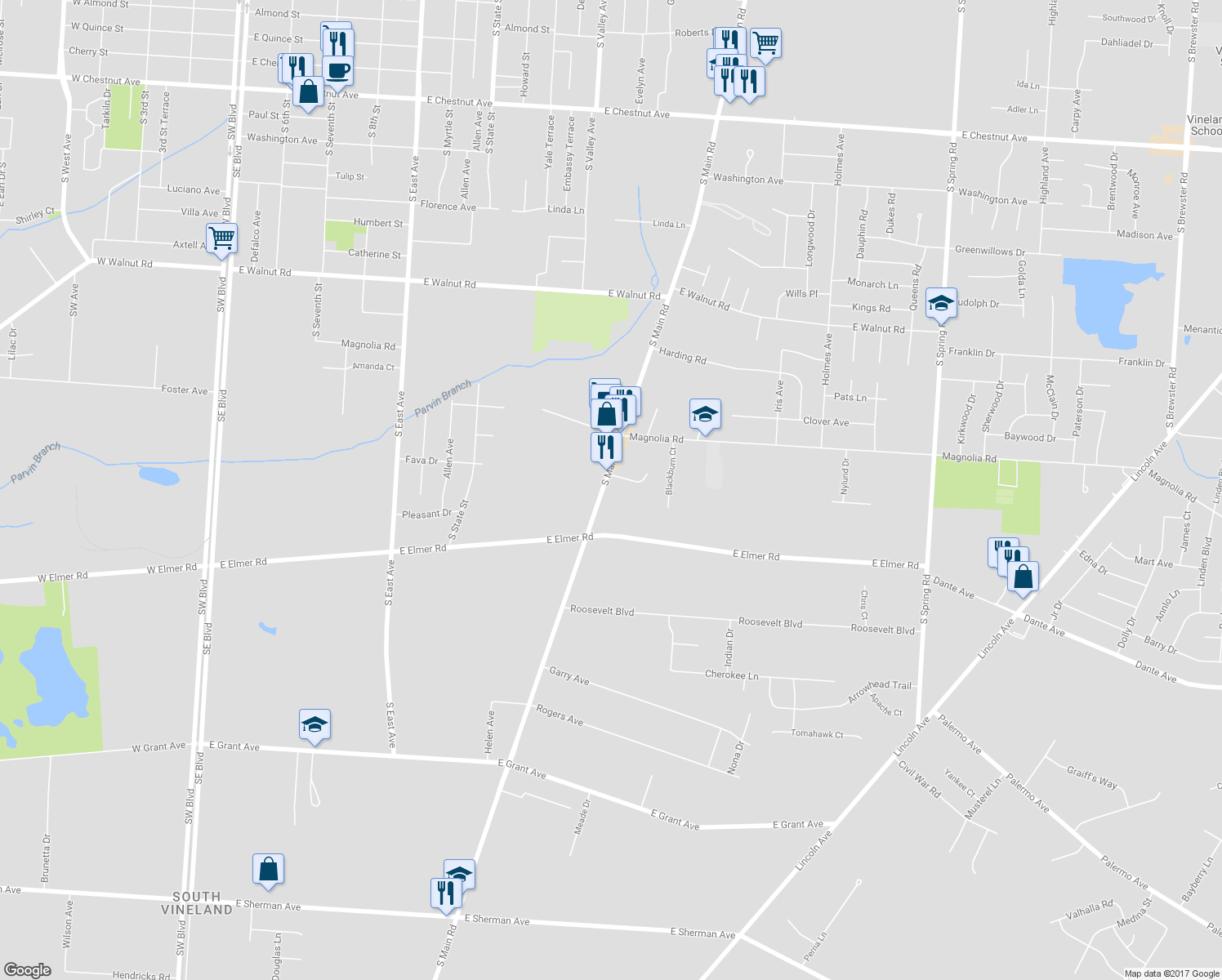 map of restaurants, bars, coffee shops, grocery stores, and more near 1551 South Main Road in Vineland