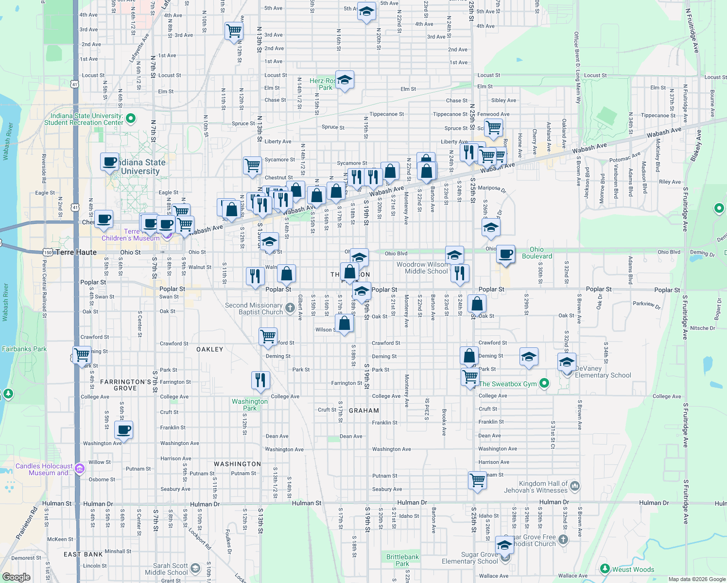 map of restaurants, bars, coffee shops, grocery stores, and more near 399 South 19th Street in Terre Haute