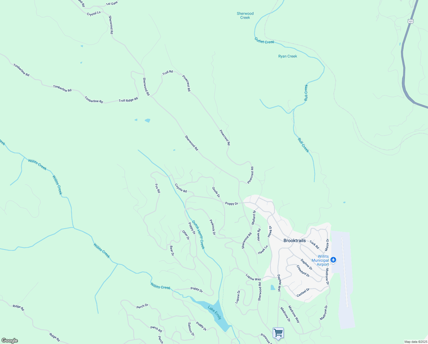 map of restaurants, bars, coffee shops, grocery stores, and more near 27334-27398 Sherwood Rd in Willits
