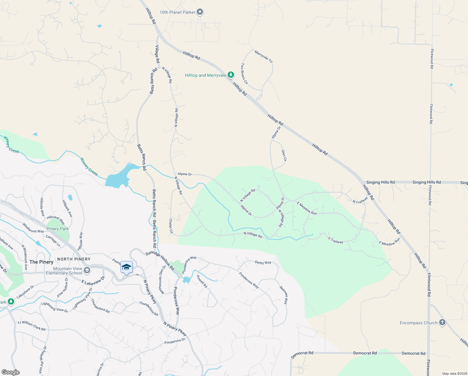 map of restaurants, bars, coffee shops, grocery stores, and more near 6559 Alpine Drive in Parker
