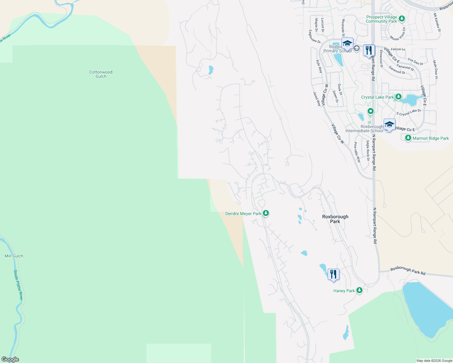 map of restaurants, bars, coffee shops, grocery stores, and more near 6988 North Fargo Trail in Littleton