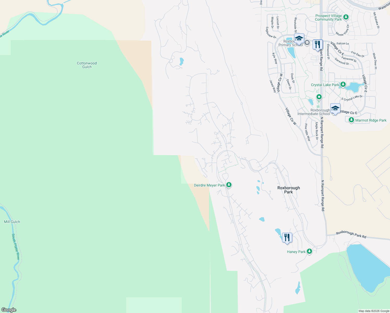 map of restaurants, bars, coffee shops, grocery stores, and more near 6988 North Fargo Trail in Littleton
