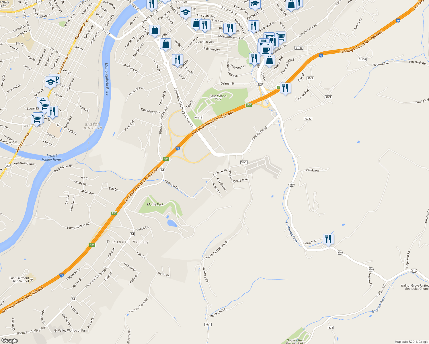 map of restaurants, bars, coffee shops, grocery stores, and more near 1301 Ermine Place in Fairmont