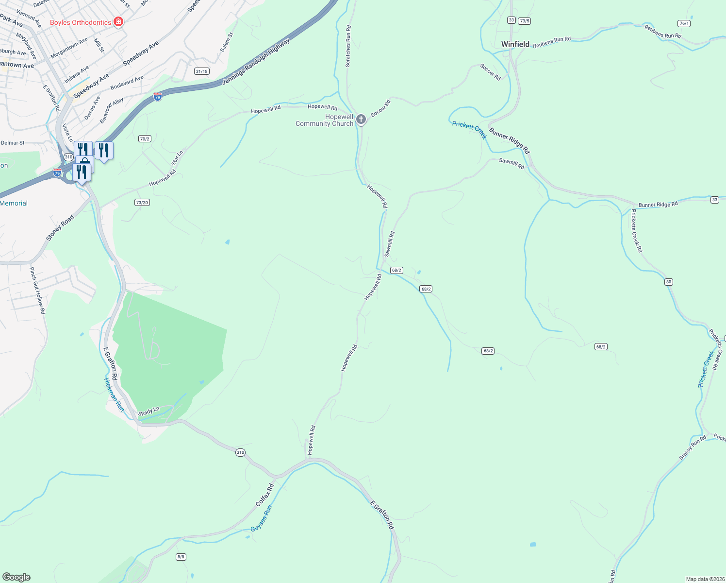 map of restaurants, bars, coffee shops, grocery stores, and more near 982 Hopewell Road in Fairmont