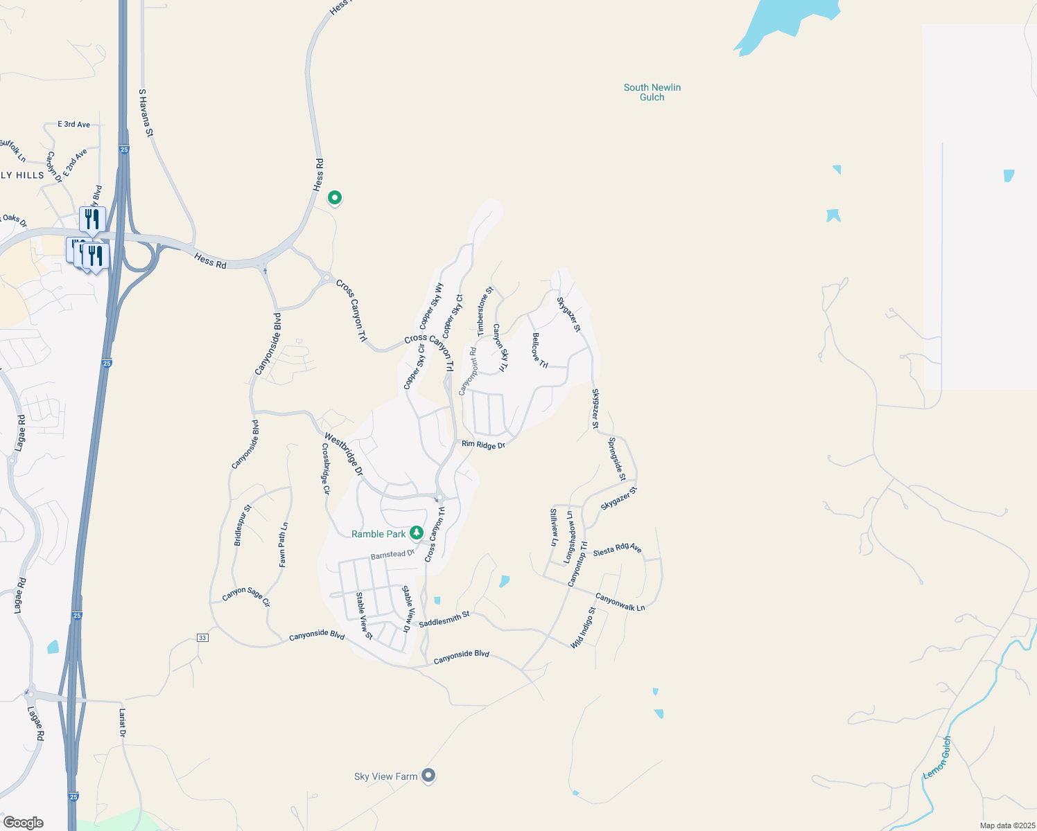 map of restaurants, bars, coffee shops, grocery stores, and more near 1977 Canyonpoint Lane in Castle Pines