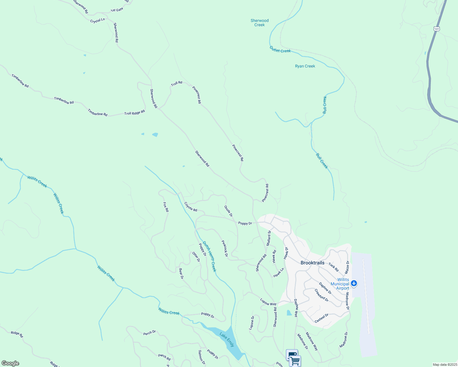 map of restaurants, bars, coffee shops, grocery stores, and more near 27398 Sherwood Road in Willits