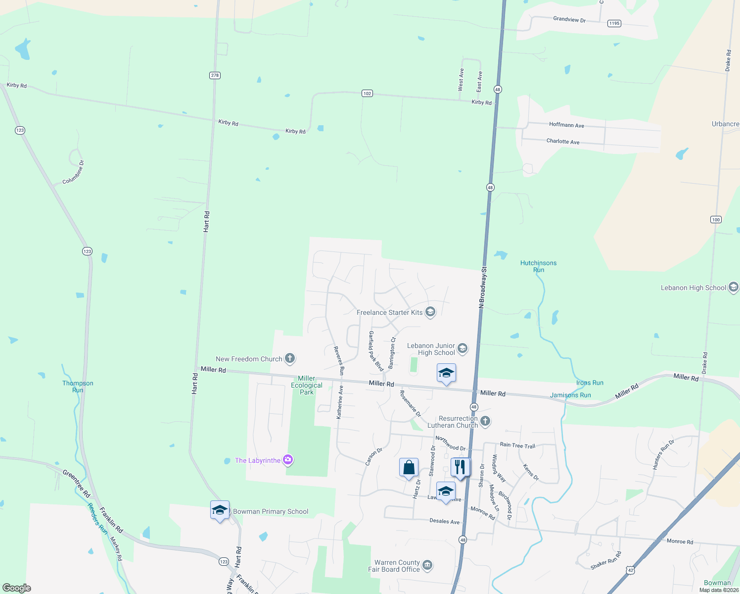 map of restaurants, bars, coffee shops, grocery stores, and more near 1615 Tollgate Ct in Lebanon