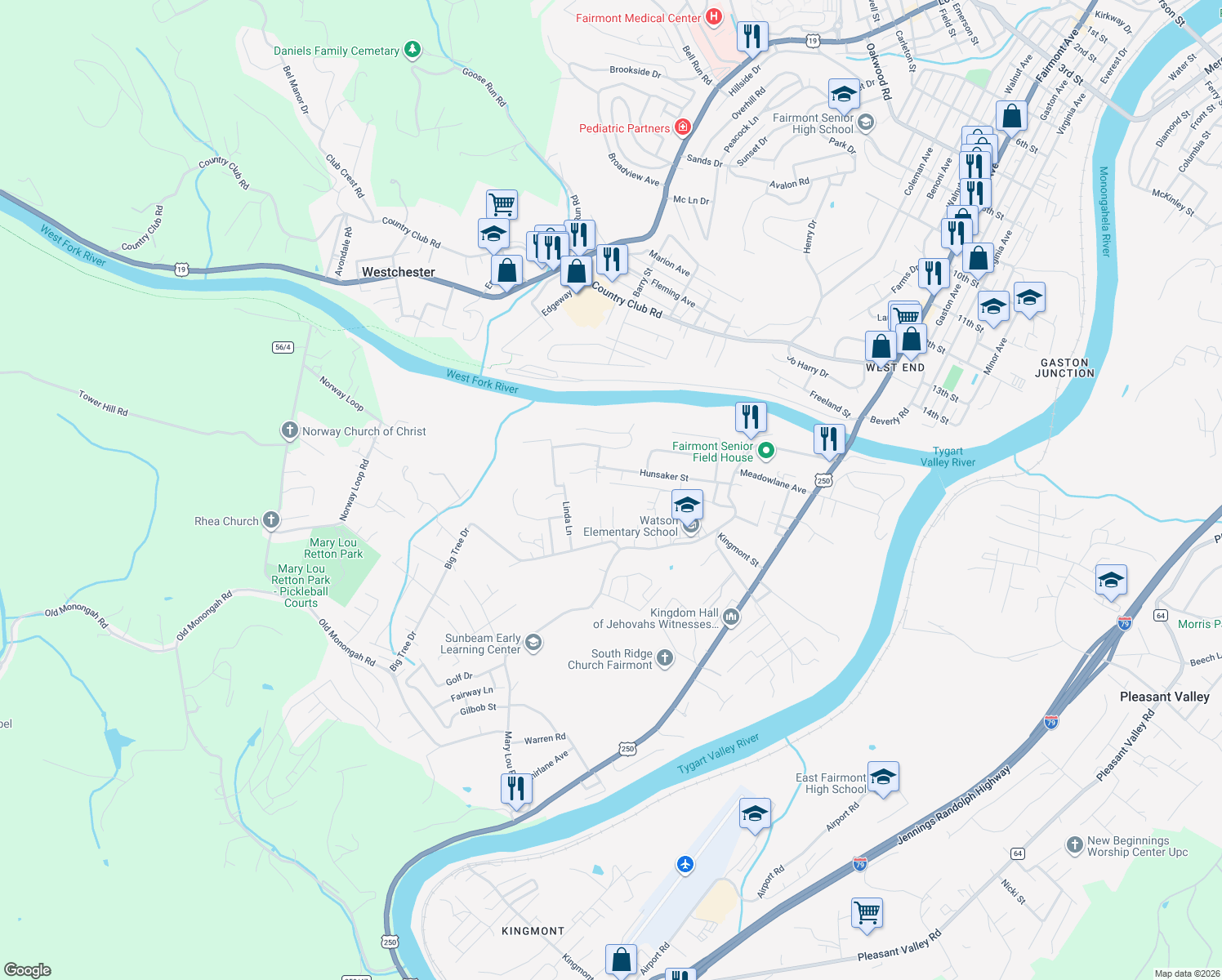 map of restaurants, bars, coffee shops, grocery stores, and more near 136 Avery Street in Fairmont