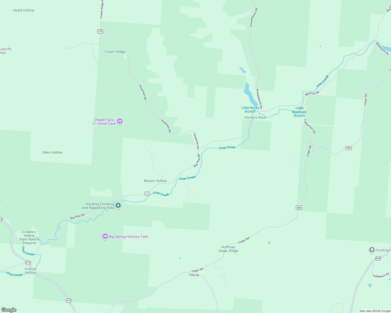 map of restaurants, bars, coffee shops, grocery stores, and more near County Road 11 in Rockbridge
