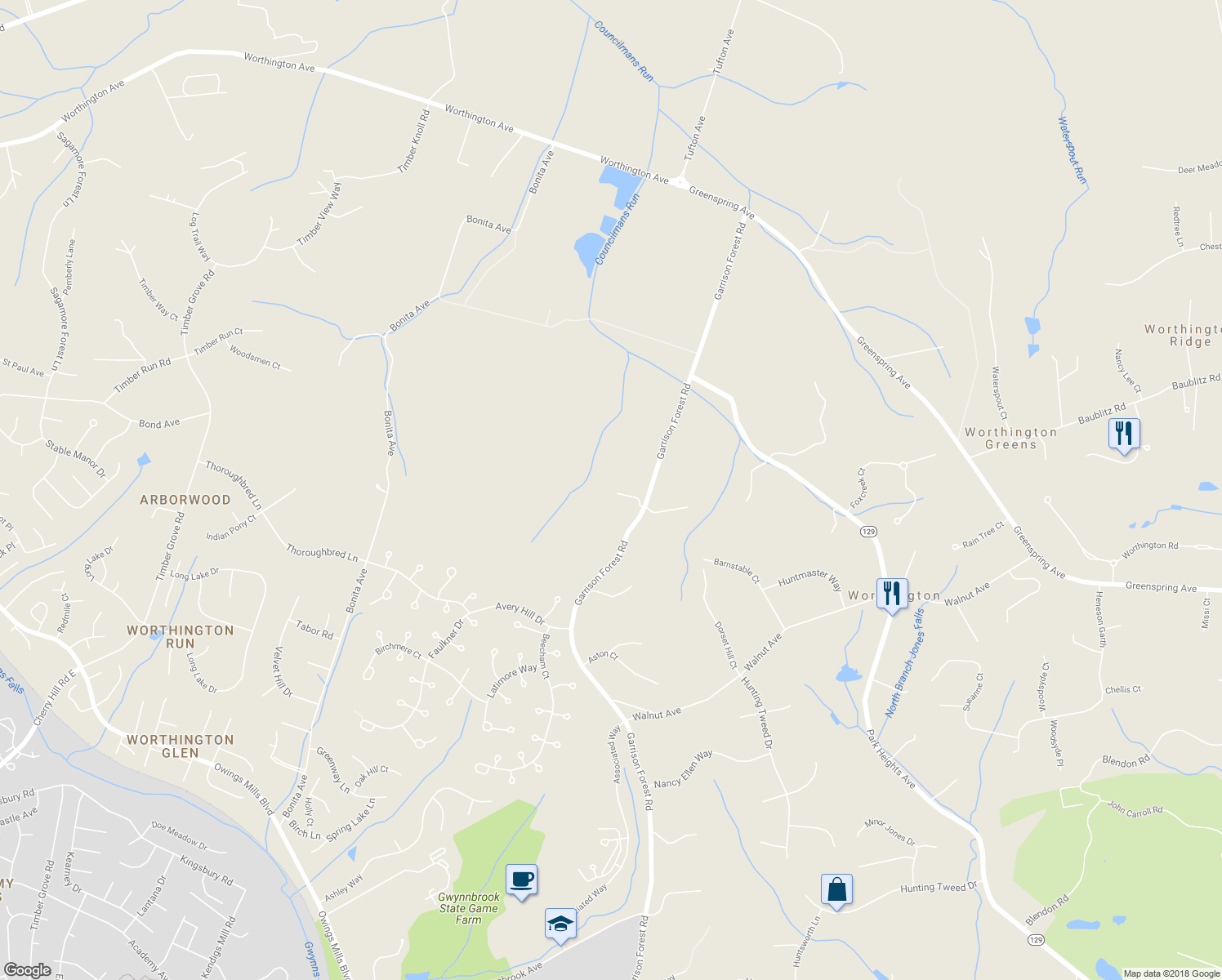 map of restaurants, bars, coffee shops, grocery stores, and more near 12332 Garrison Forest Road in Owings Mills