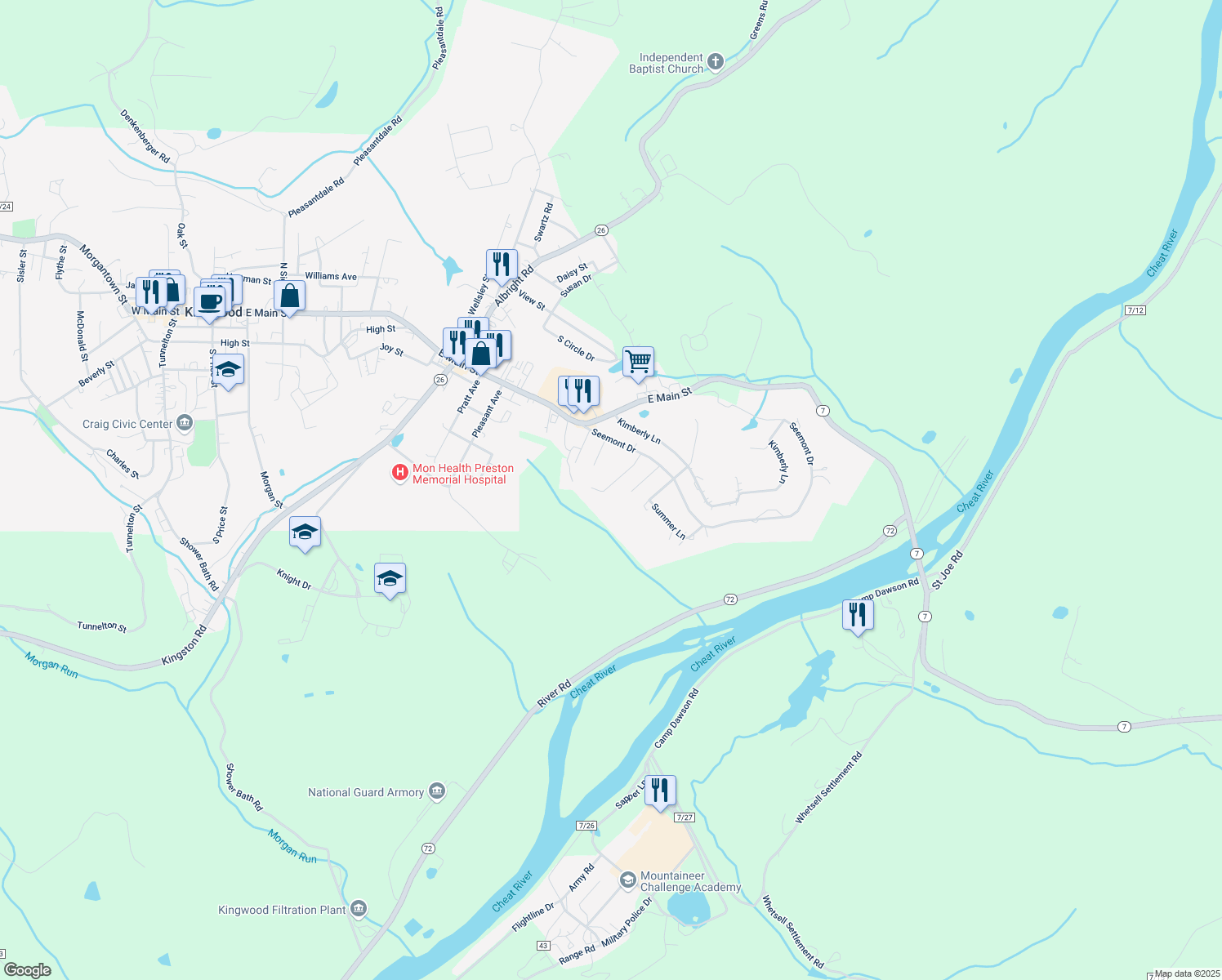 map of restaurants, bars, coffee shops, grocery stores, and more near 107 James St in Kingwood
