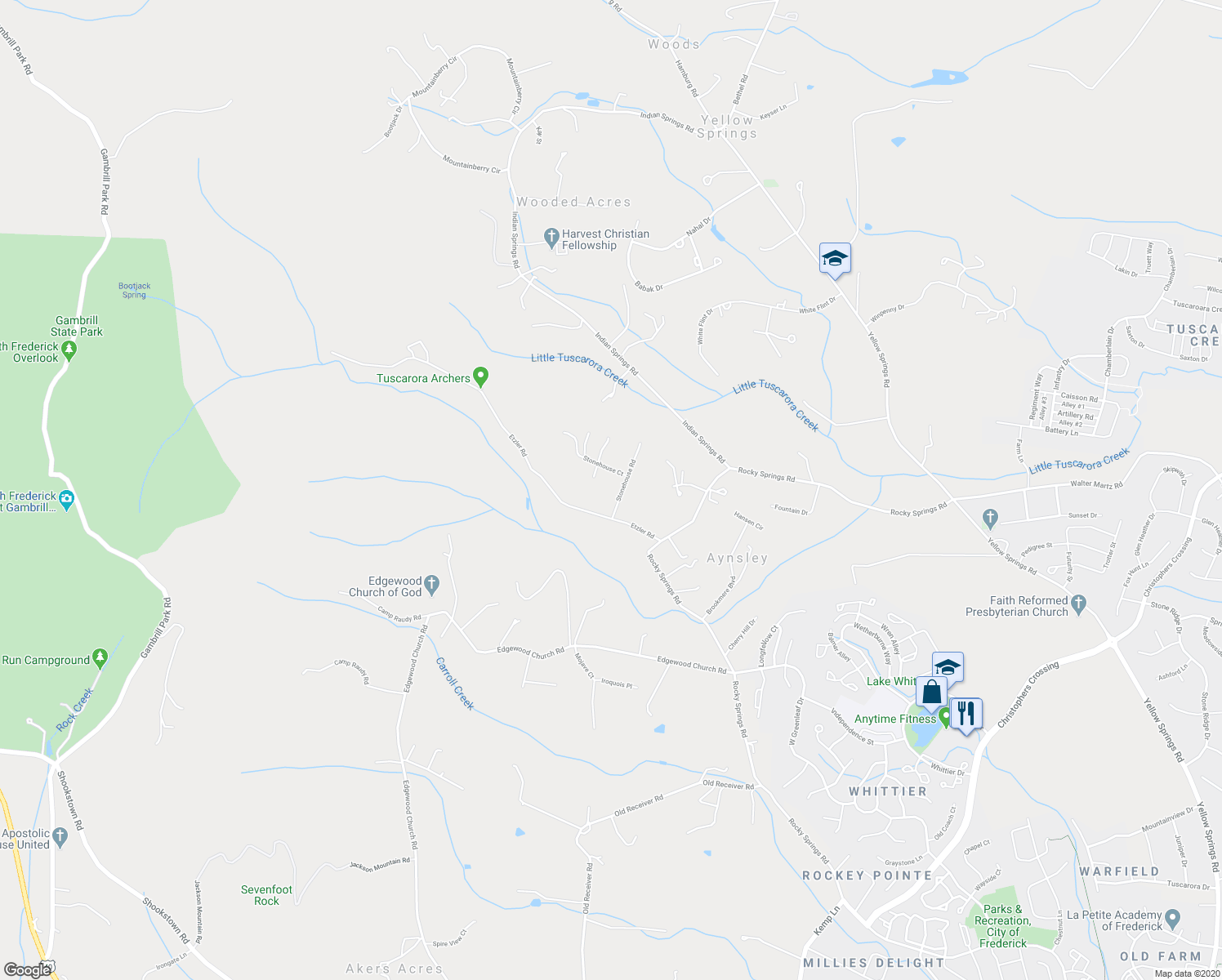 map of restaurants, bars, coffee shops, grocery stores, and more near 8404 Stonehouse Rd in Frederick