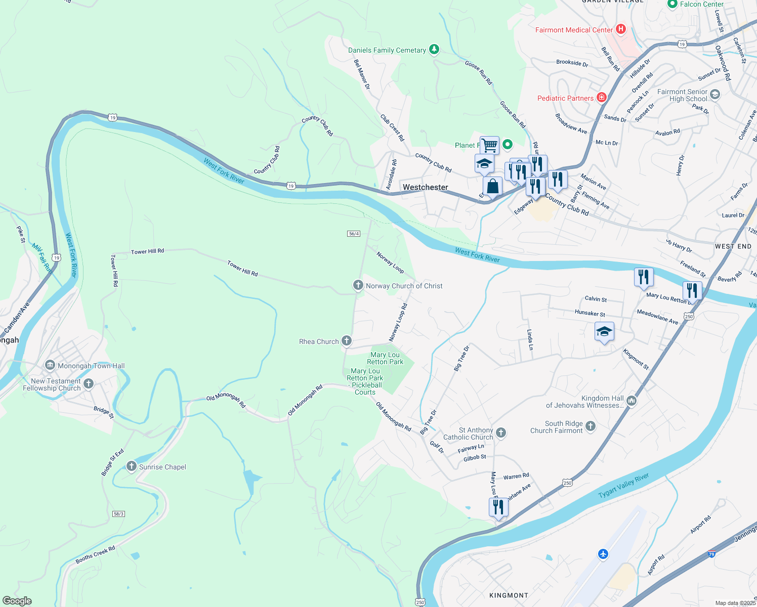map of restaurants, bars, coffee shops, grocery stores, and more near 46 Joecarrie Drive in Fairmont