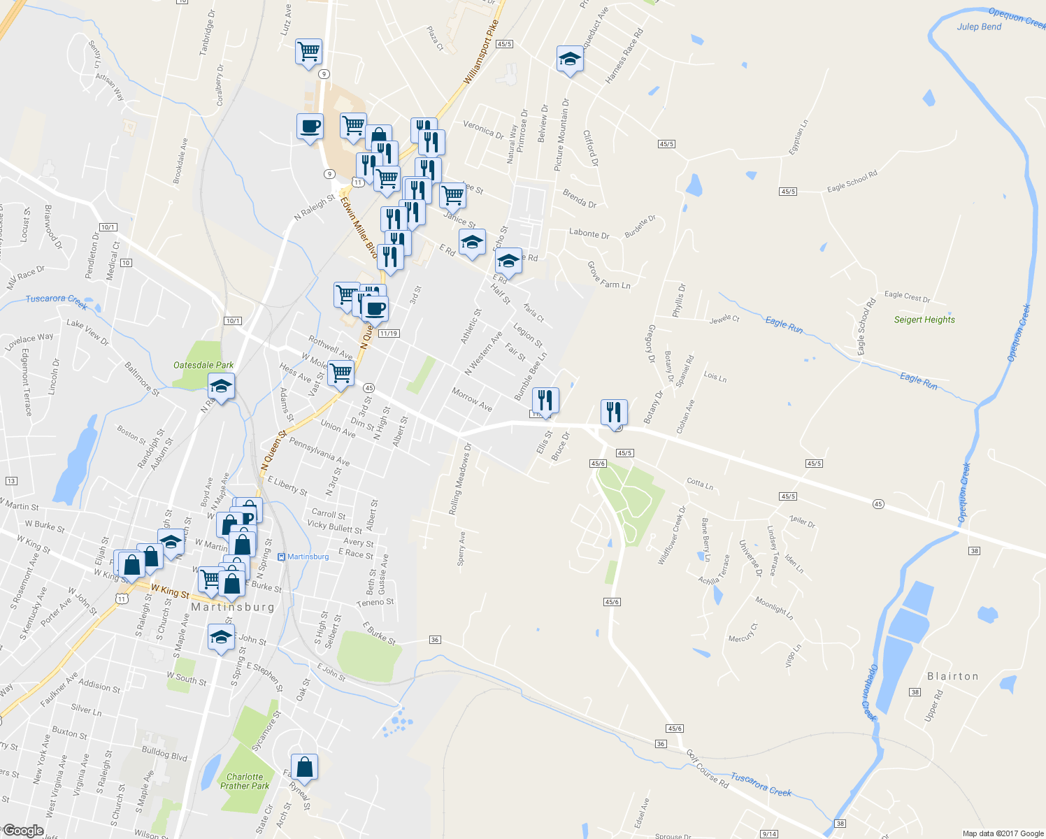 map of restaurants, bars, coffee shops, grocery stores, and more near 829 East Moler Avenue in Martinsburg