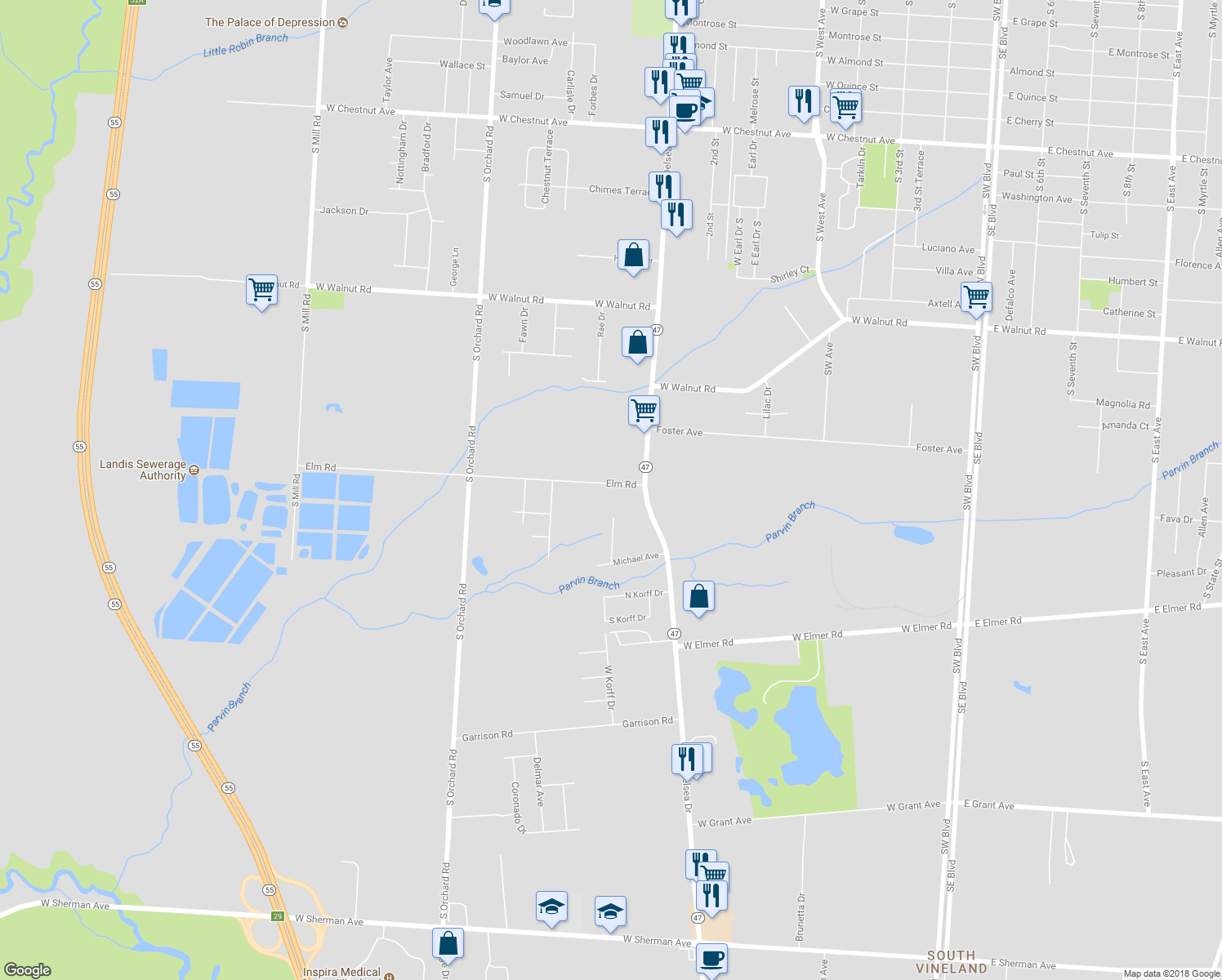 map of restaurants, bars, coffee shops, grocery stores, and more near 1029 Elm Road in Vineland