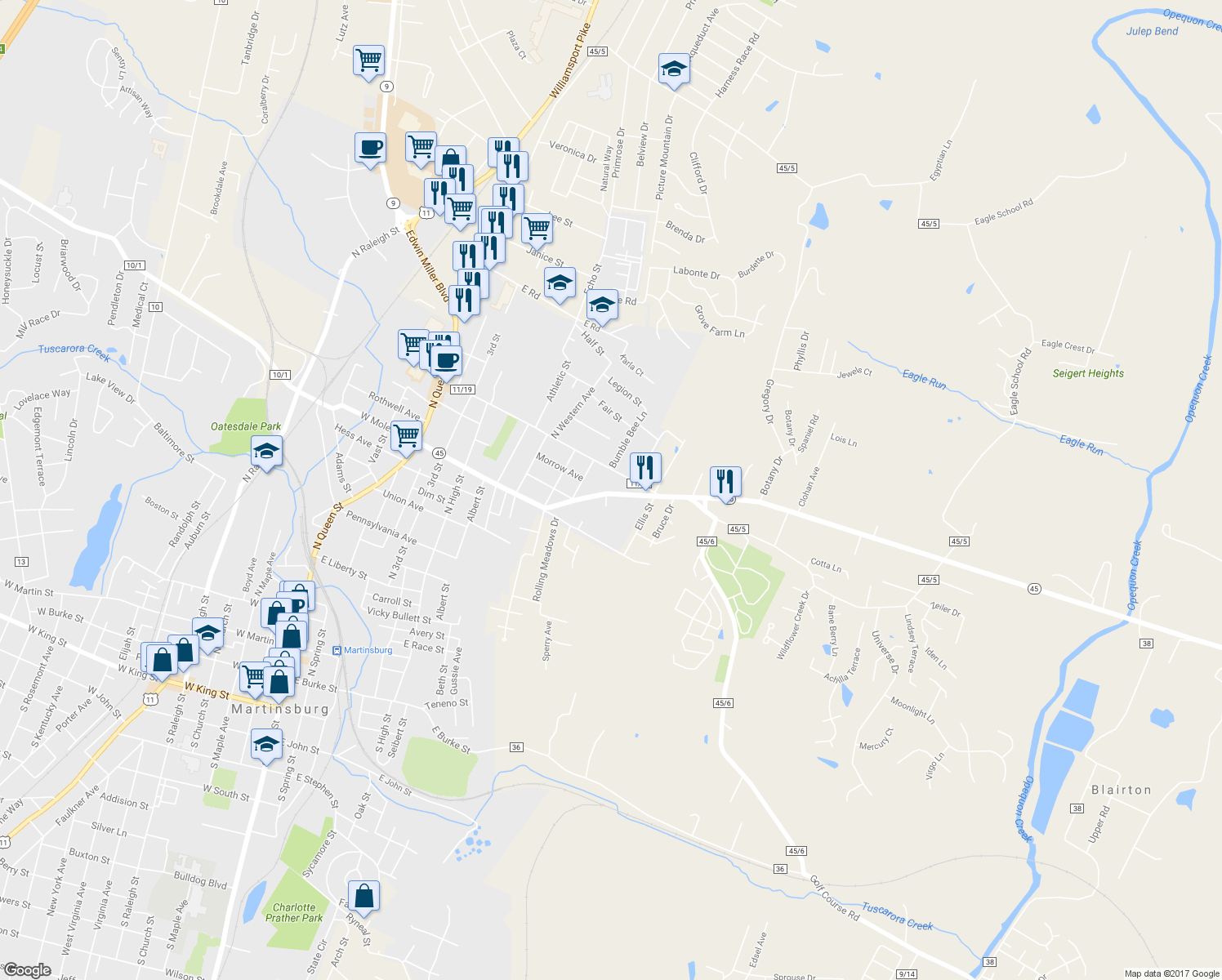 map of restaurants, bars, coffee shops, grocery stores, and more near 823 East Moler Avenue in Martinsburg