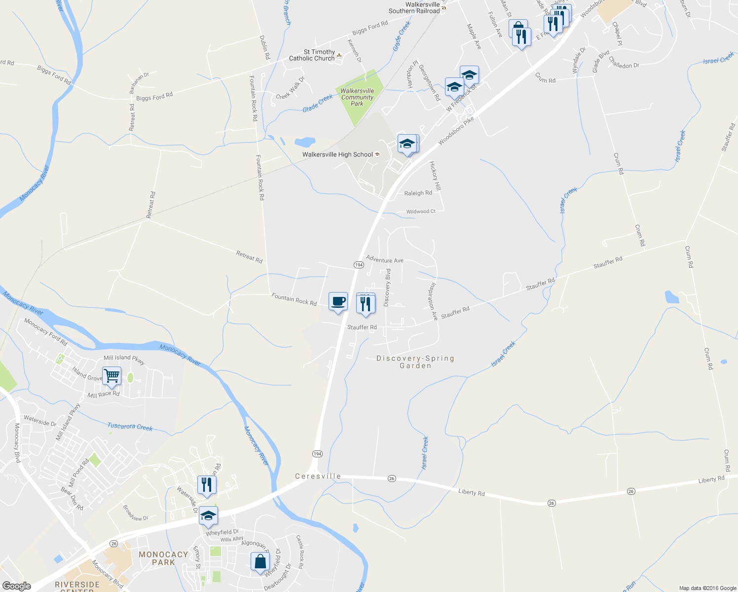 map of restaurants, bars, coffee shops, grocery stores, and more near 8740 Treasure Avenue in Walkersville