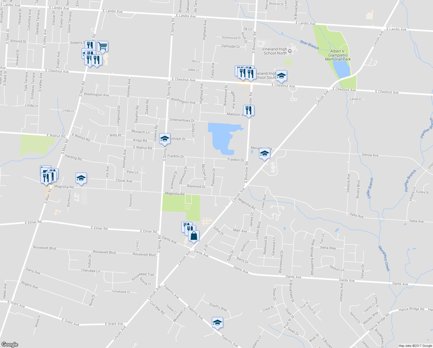 map of restaurants, bars, coffee shops, grocery stores, and more near 2432 Buttonwood Drive in Vineland