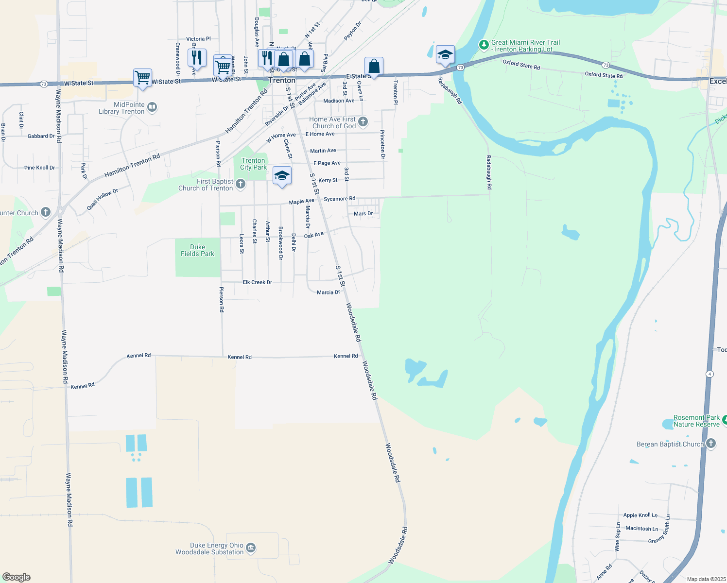 map of restaurants, bars, coffee shops, grocery stores, and more near 214 Day Place in Trenton