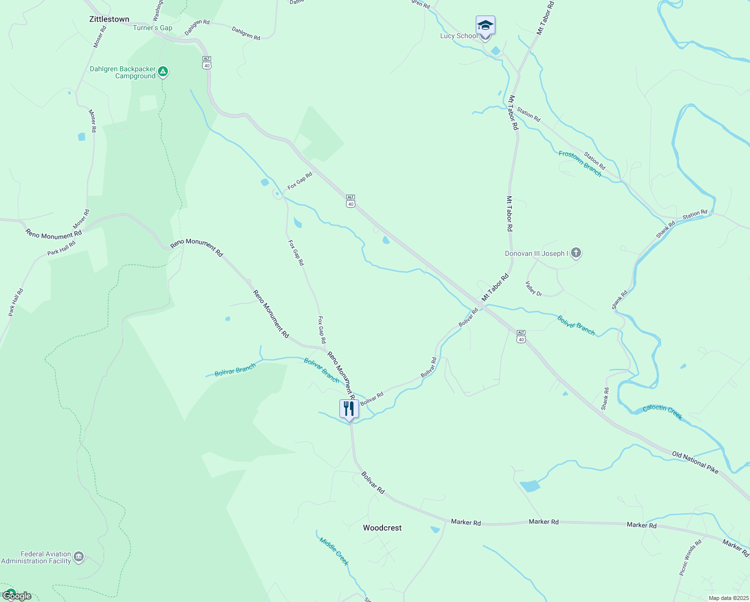 map of restaurants, bars, coffee shops, grocery stores, and more near 2111 Old National Pike in Middletown
