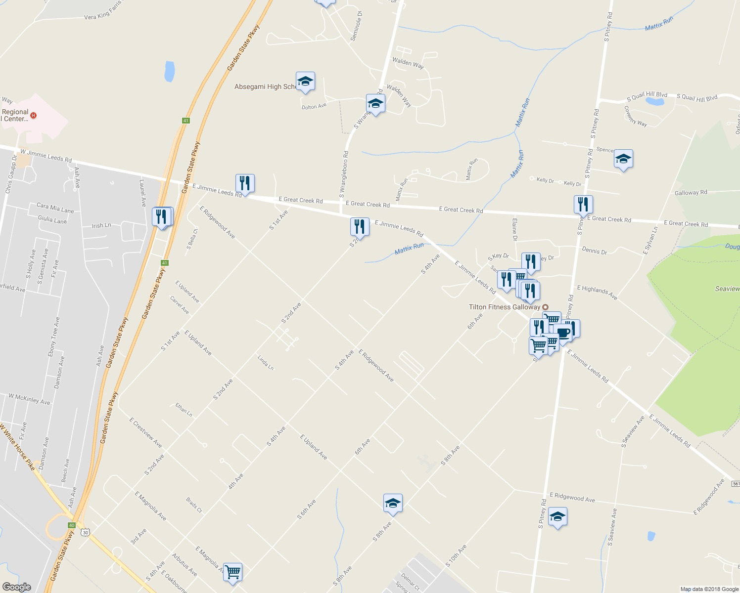 map of restaurants, bars, coffee shops, grocery stores, and more near 207 Country Lane in Galloway