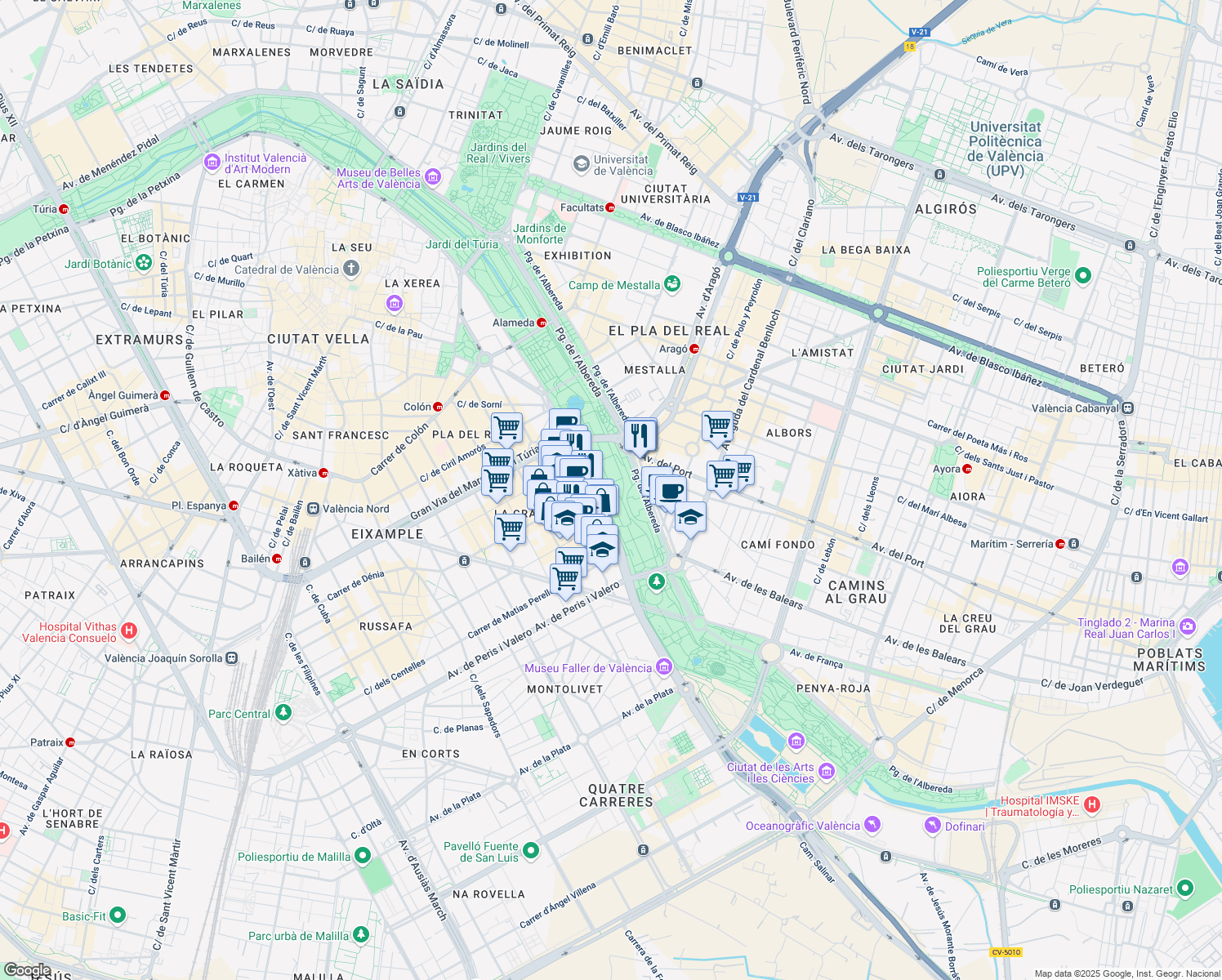 map of restaurants, bars, coffee shops, grocery stores, and more near 15 Avinguda de Jacinto Benavente in València