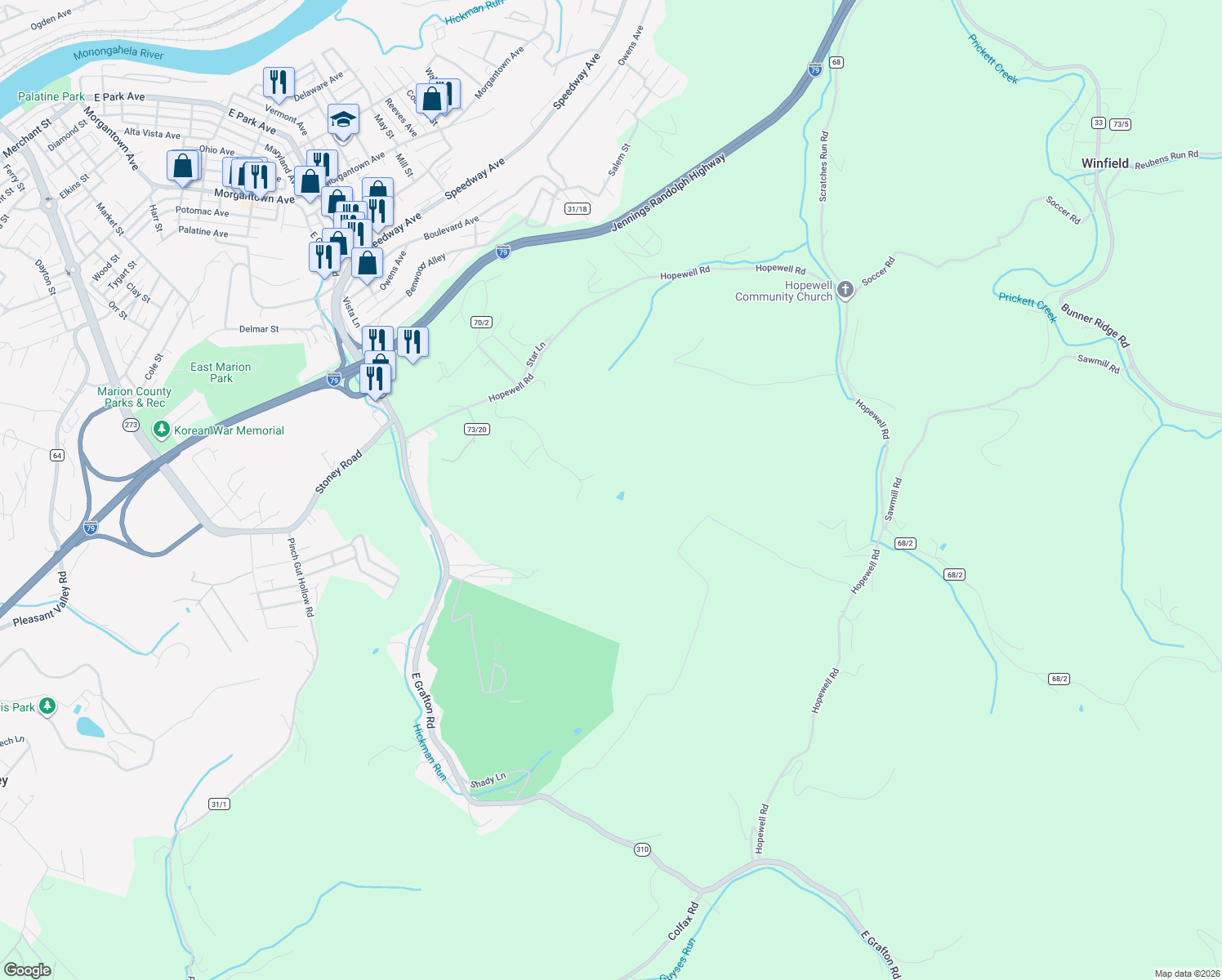 map of restaurants, bars, coffee shops, grocery stores, and more near 155 Grandview in Fairmont
