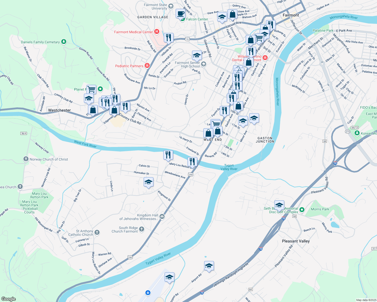 map of restaurants, bars, coffee shops, grocery stores, and more near 12 Industrial Contracting Rd in Fairmont