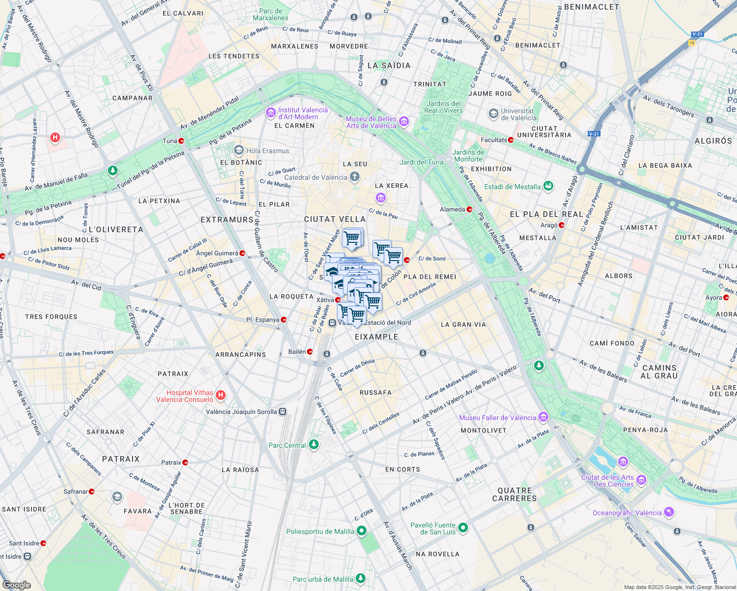 map of restaurants, bars, coffee shops, grocery stores, and more near 7 Carrer de Colón in València