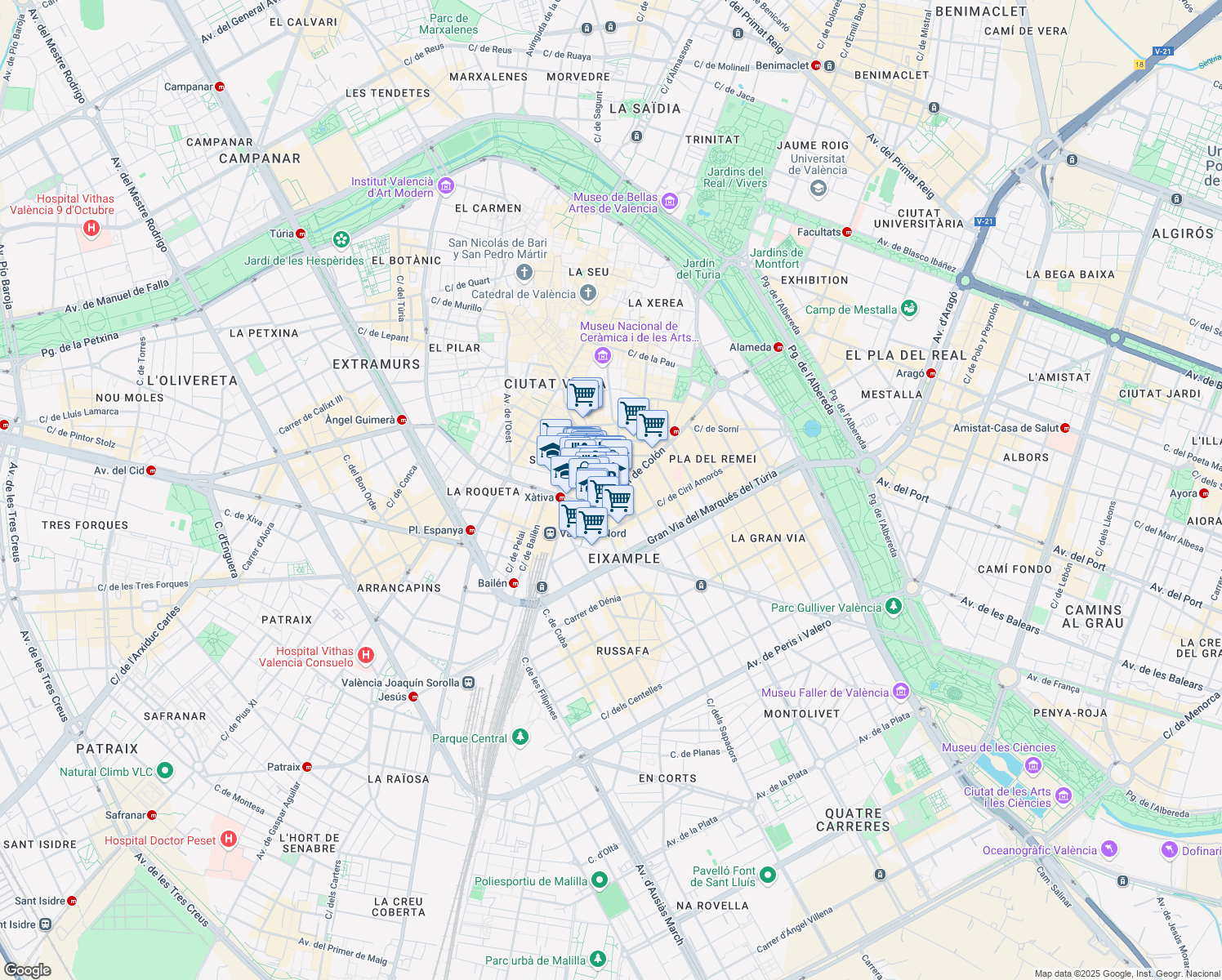 map of restaurants, bars, coffee shops, grocery stores, and more near 7 Carrer de Colón in València